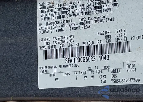 2012 Ford Fusion Sel from USA, damaged, VIN 3FAHP0CG6CR314043